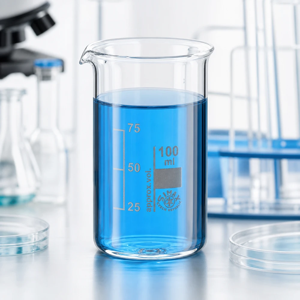 Bægerglas 100 ml borosilikatglas, høj form Laboratoriefoto: 100 ml bægerglas, høj model, med blå væske på hvid baggrund
