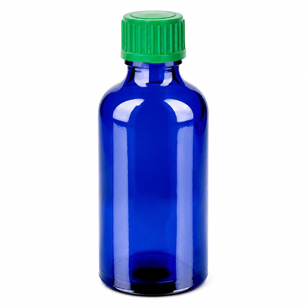 50 ml Dropperflaske 0,8 mm grøn STD BlueLine UT18/50 50 ml dråbeflaske blå med grøn hætte til præcis dosering