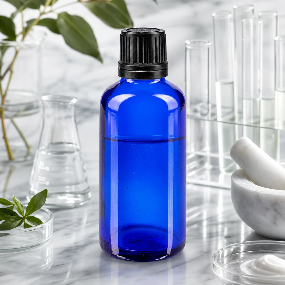 Apoteksflaske blå 50ml dryp v. Pr. 1mm sort OV Blå 50 ml dråbeflaske med 1 mm præcisionsdråbeindsats i laboratoriemiljø med reagensglas