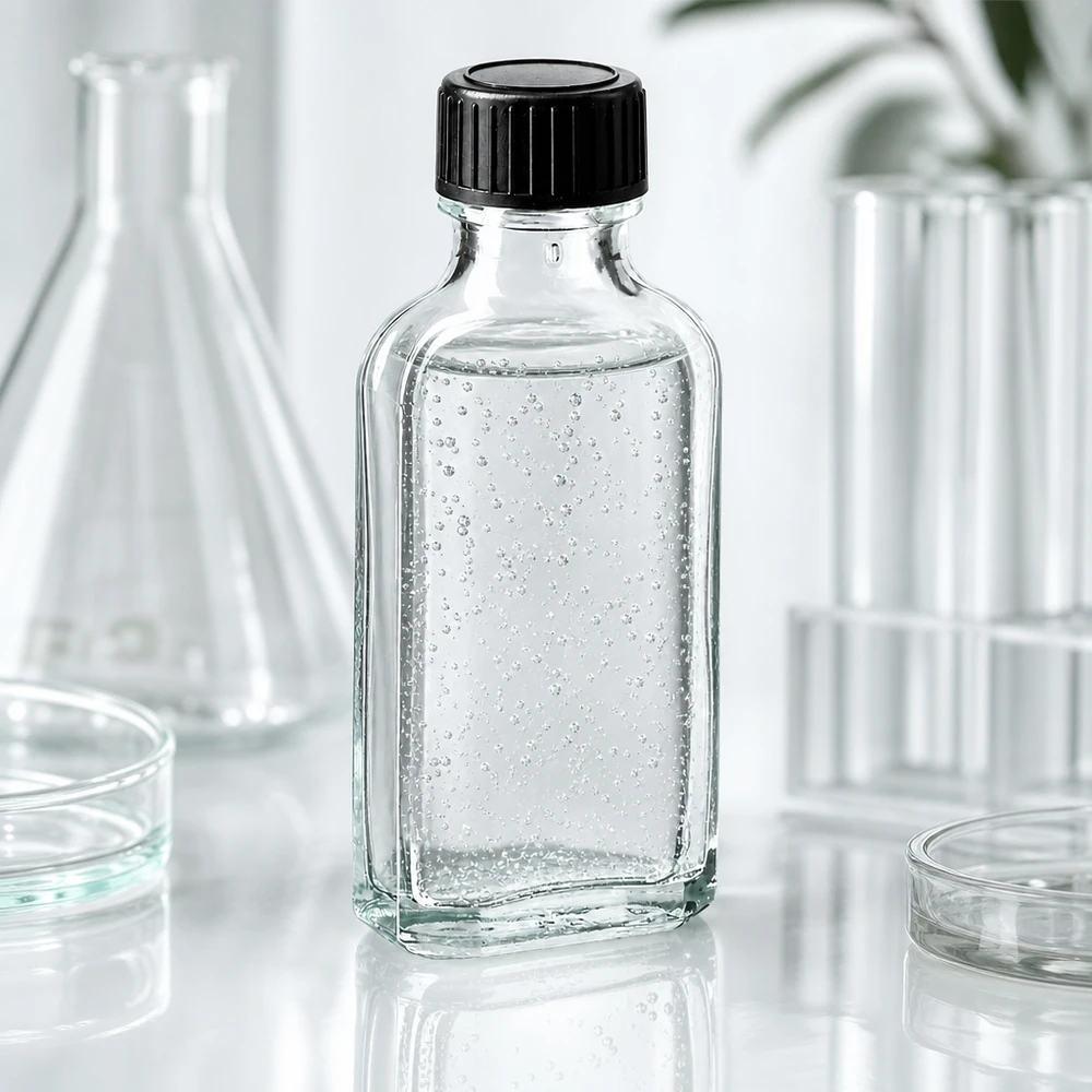 Gennemsigtig Meplat-glasflaske på 50 ml med luftbobler i laboratoriemiljø og sort skruelåg