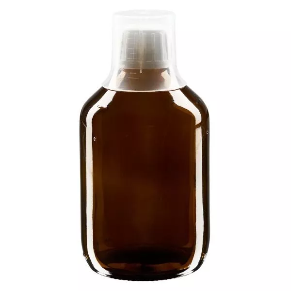 300 ml medicinflaske brun, hætte OV med doseringsbæger 30 ml ApoGlas. Farmaceutisk kvalitet fra EU-produktion. 28 mm (PP28) gevind. (sirup, let glasflaske)