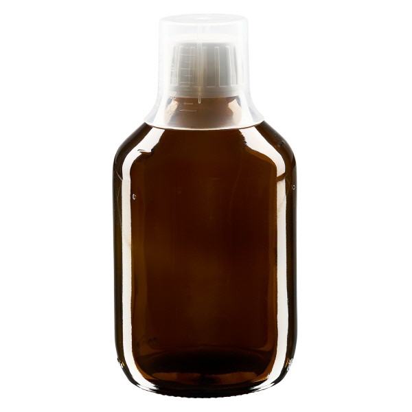 300 ml medicinflaske brun, hætte OV med doseringsbæger 30 ml ApoGlas. Farmaceutisk kvalitet fra EU-produktion. 28 mm (PP28) gevind. (sirup, let glasflaske)