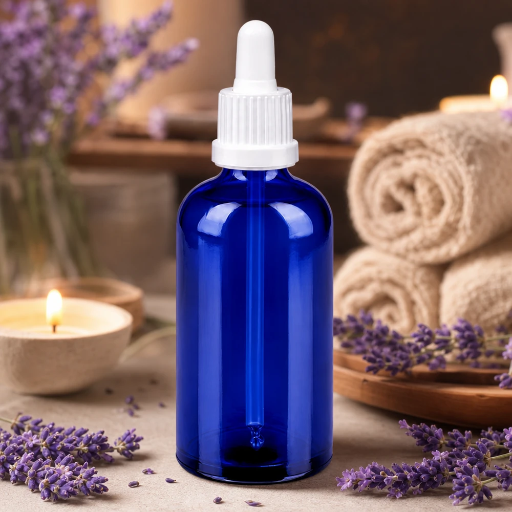 100 ml pipetteflaske hvid OV BlueLine UT18/100 100 ml pipetteflaske af høj kvalitet lavet af blåt glas med hvid dråbehætte BlueLine UT18/100