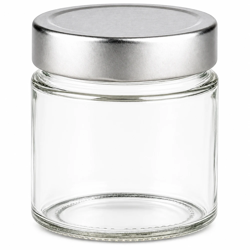 135 ml rund krukke + BasicSeal-låg sølvfarvet dyb UNiTWIST 135 ml rund krukke med sølvfarvet BasicSeal-låg, tom på hvid baggrund Opbevaringskrukke af glas