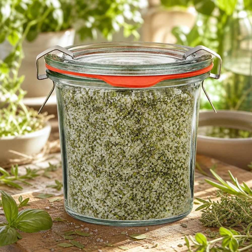 Idé til krydderikrukke: Briller mini mason jar 140 ml WECK Mini-glas 140 ml fyldt med krydderisalt og omgivet af frisk basilikum og timian