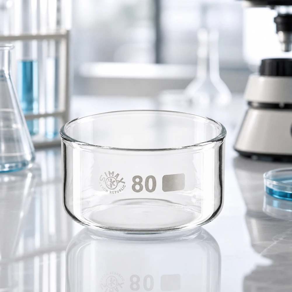 Krystalliseringsskål 150 ml uden tud borosilikat SIMAX krystalliseringsskål 150 ml, cylindrisk form uden tud, borosilikatglas, laboratorieglas, 80 mm