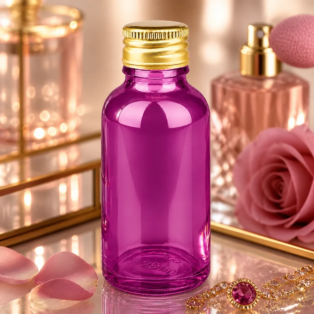 30 ml flaske 11 mm skruelåg aluminium guld standard PurpleLine. UT18/30 Luksuriøs 30 ml violet glasflaske med blank overflade og elegant guldhætte i aluminium STD