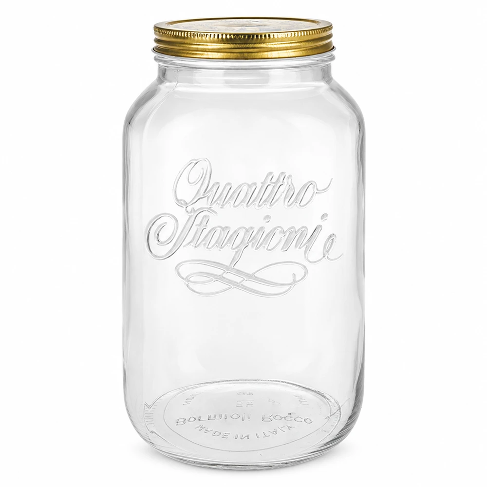 3800 ml rundt glas "Quattro Stagioni" med låg Quattro Stagioni rund krukke 3800 ml med gyldent skruelåg konserveringskrukke italiensk design tom