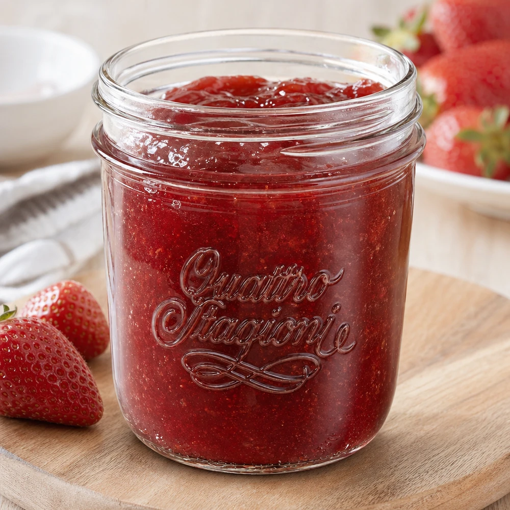 320 ml "Quattro Stagioni"-brillerne QS86mm Quattro Stagioni Sturzglas 320ml mit Erdbeermarmelade gefüllt auf Holzbrett mit frischen Erdbeeren