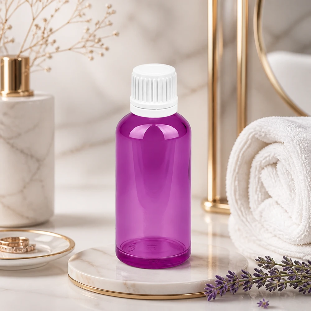 50 ml dråbeflaske 0,7 mm hvid Originality skruelåg PurpleLine UT18/50 Elegant 50 ml dråbeflaske i lilla design med hvid hætte til stilfuld produktpræsentation