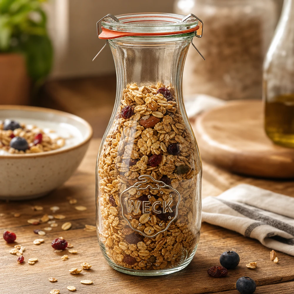 WECK 530 ml juiceflaske RR60 fyldt med müsli viser alsidig opbevaring af kornprodukter og tørret frugt