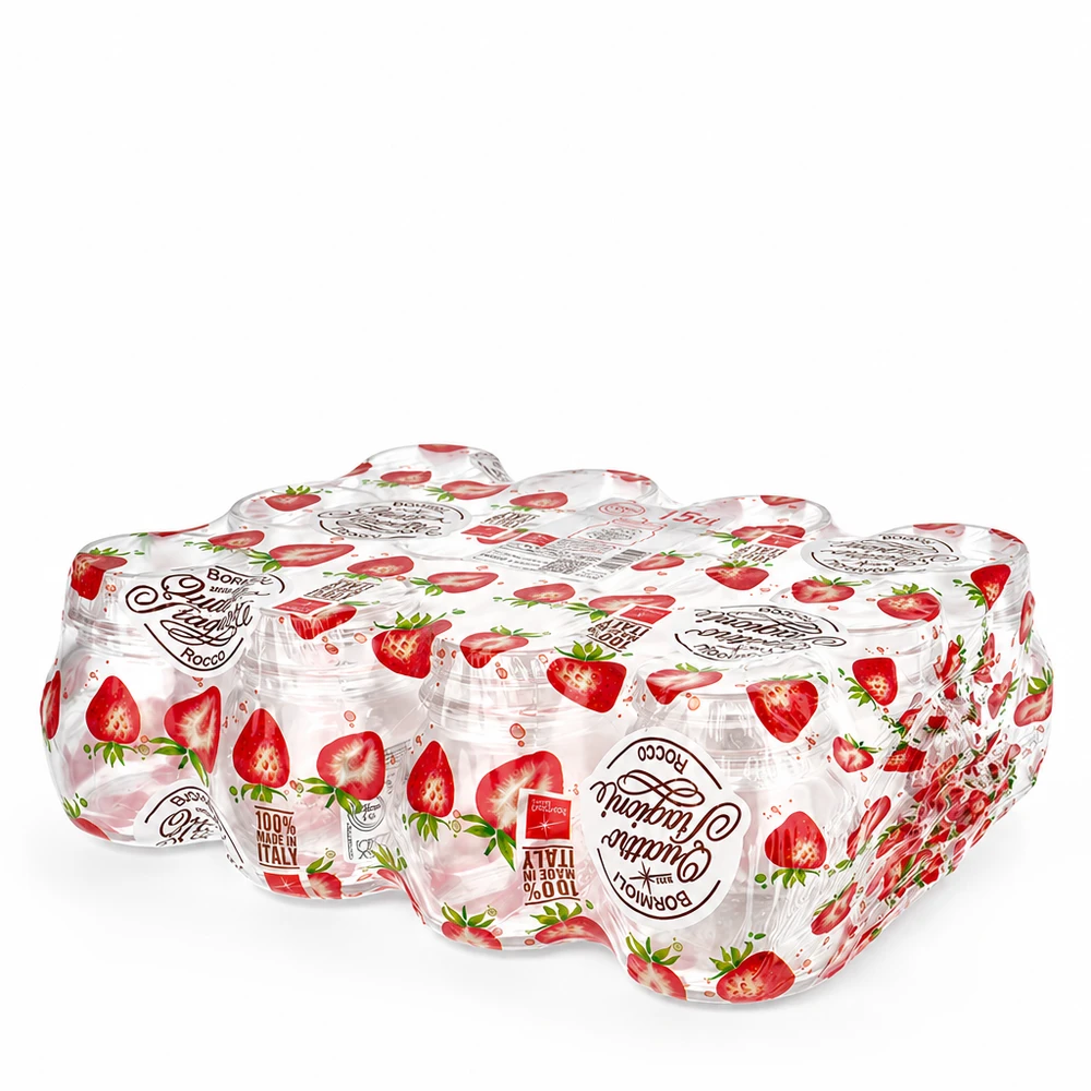 150 ml rundt glas "Quattro Stagioni" med låg Quattro Stagioni runde krukker 150 ml med jordbærlåg i et sæt med 4 til konservering og konserves.
