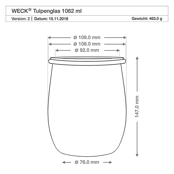 1062 ml tulipankrukke WECK RR100 med trækugle bøg Teknisk tegning WECK tulipankrukke 1062ml RR100 med mål diameter højde til køkkenplanlægning