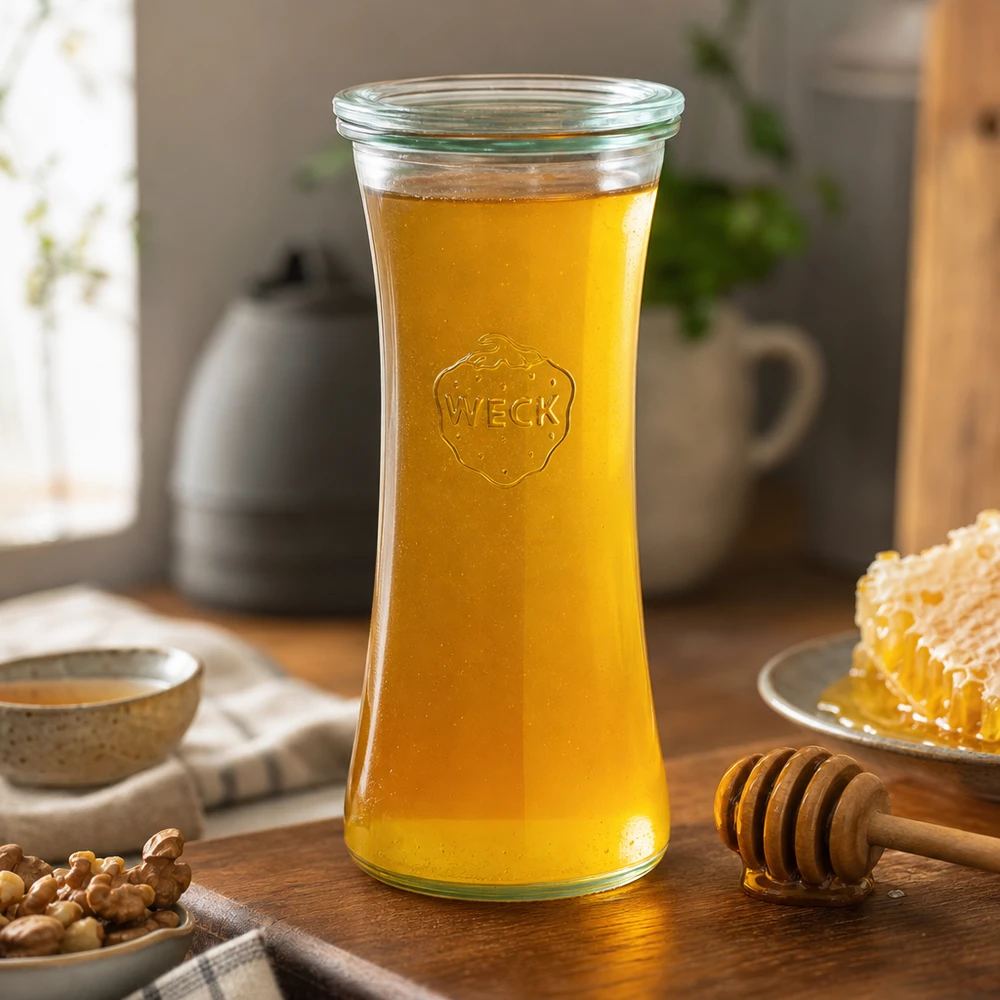 700 ml delikatesseglas med glaslåg WECK RR80 WECK delikatesseglas 700 ml RR80 fyldt med honning ved siden af honningkage og honningske i et hyggeligt køkken