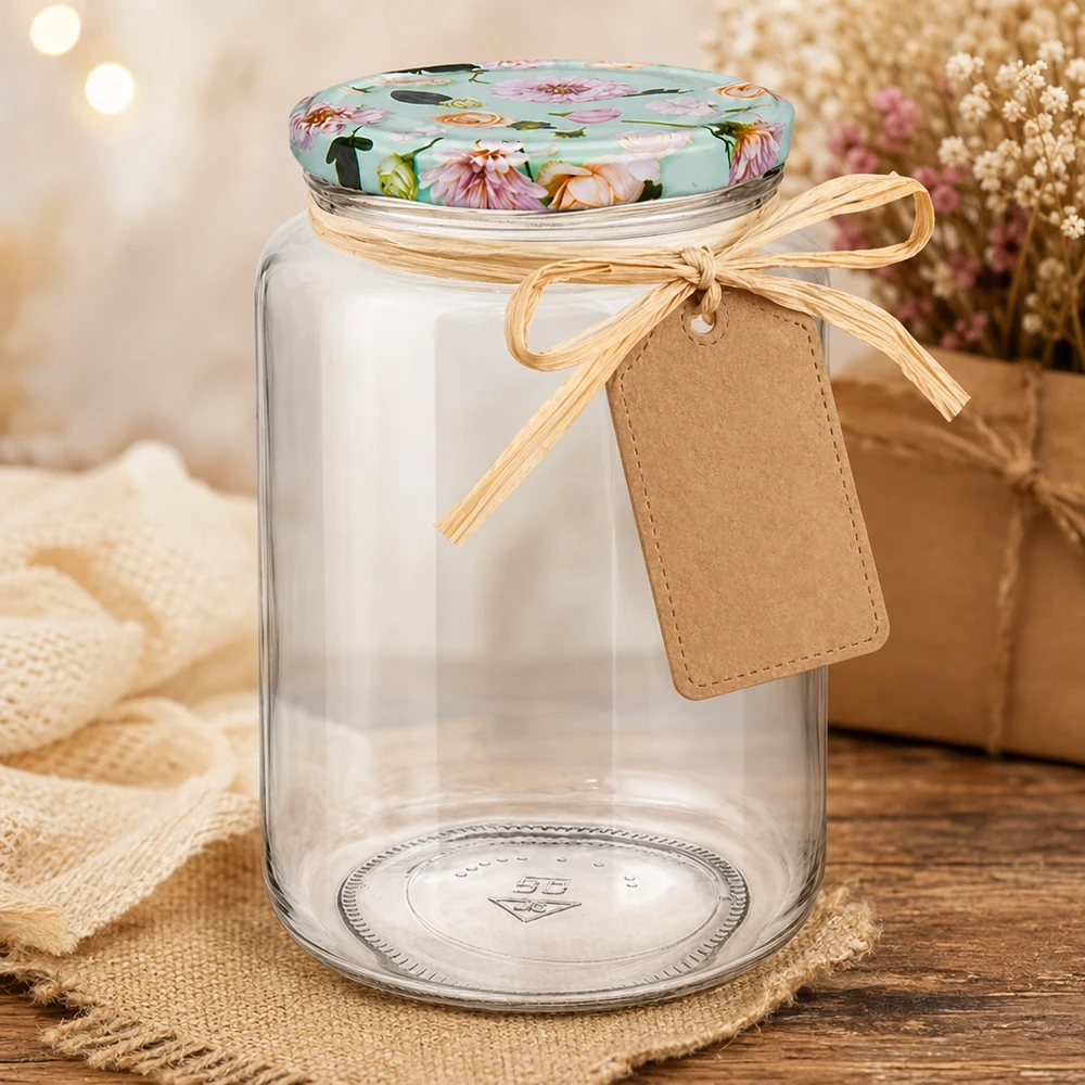 795 ml rund glas + BasicSeal låg Blume mint UNiTWIST 795 ml rund krukke med gavebånd og tag som gave, mintblomstlåg til kreative DIY-gaveideer
