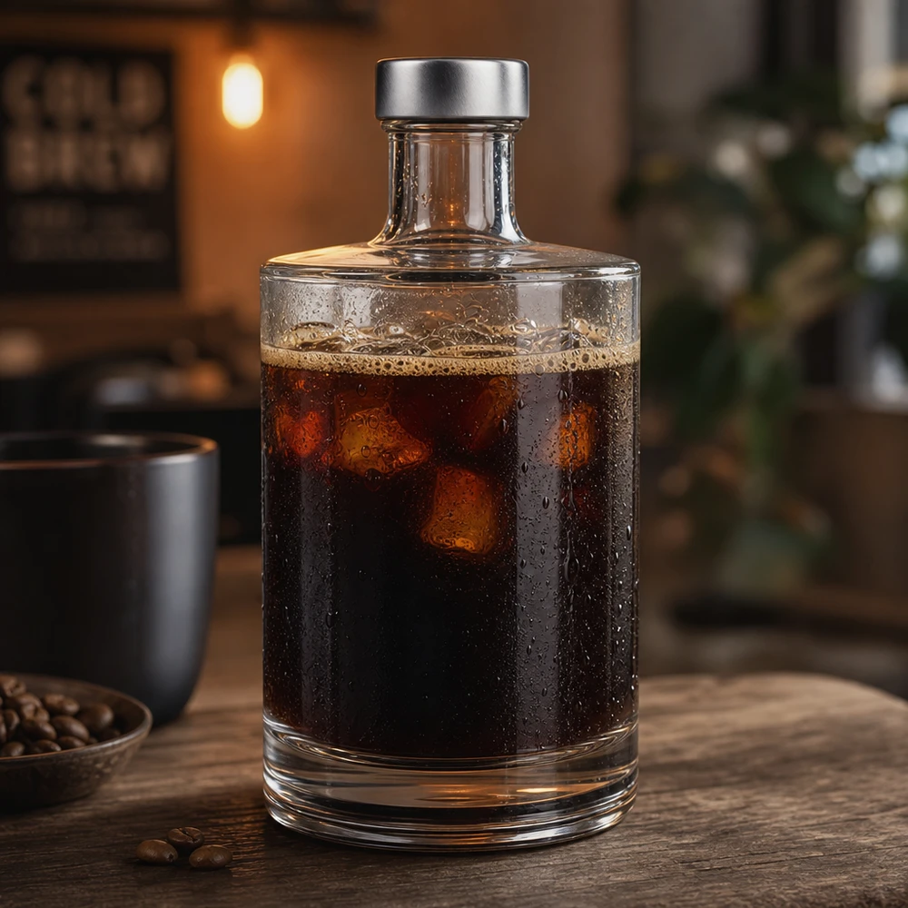 500 ml glasflaske »Sam« og skruelåg sølv UNiTWIST® 500 ml glasflaske Sam fyldt med koldbrygget kaffe på træbord ved siden af kaffebønner hyggelig caféstemning