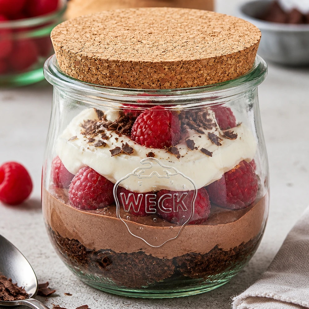 370 ml tulipankrukke WECK RR80 med kork natur WECK-krukke 370 ml RR80 med korklåg som dessertkrukke til lagdelt dessert med chokoladecreme og hindbær