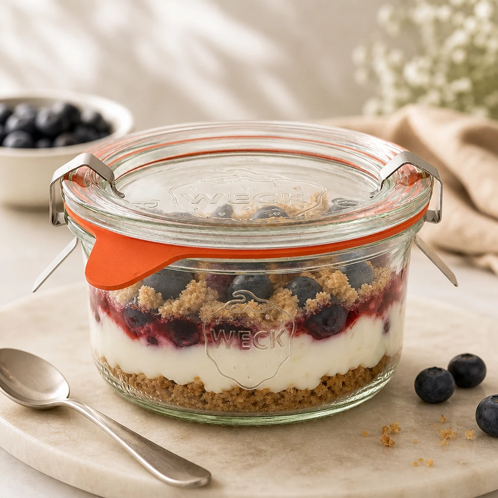 WECK 165 ml RR80-glas med en lagdelt dessert af blåbær, yoghurt og crumble på et marmorbræt