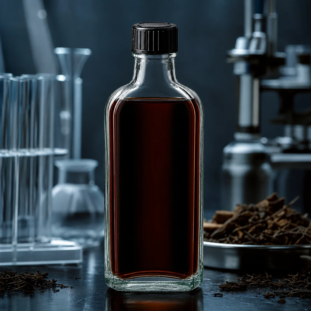 Rektangulær 100 ml Meplat-glasflaske med LKD-tætningsskive og mørkt planteekstrakt i laboratoriet