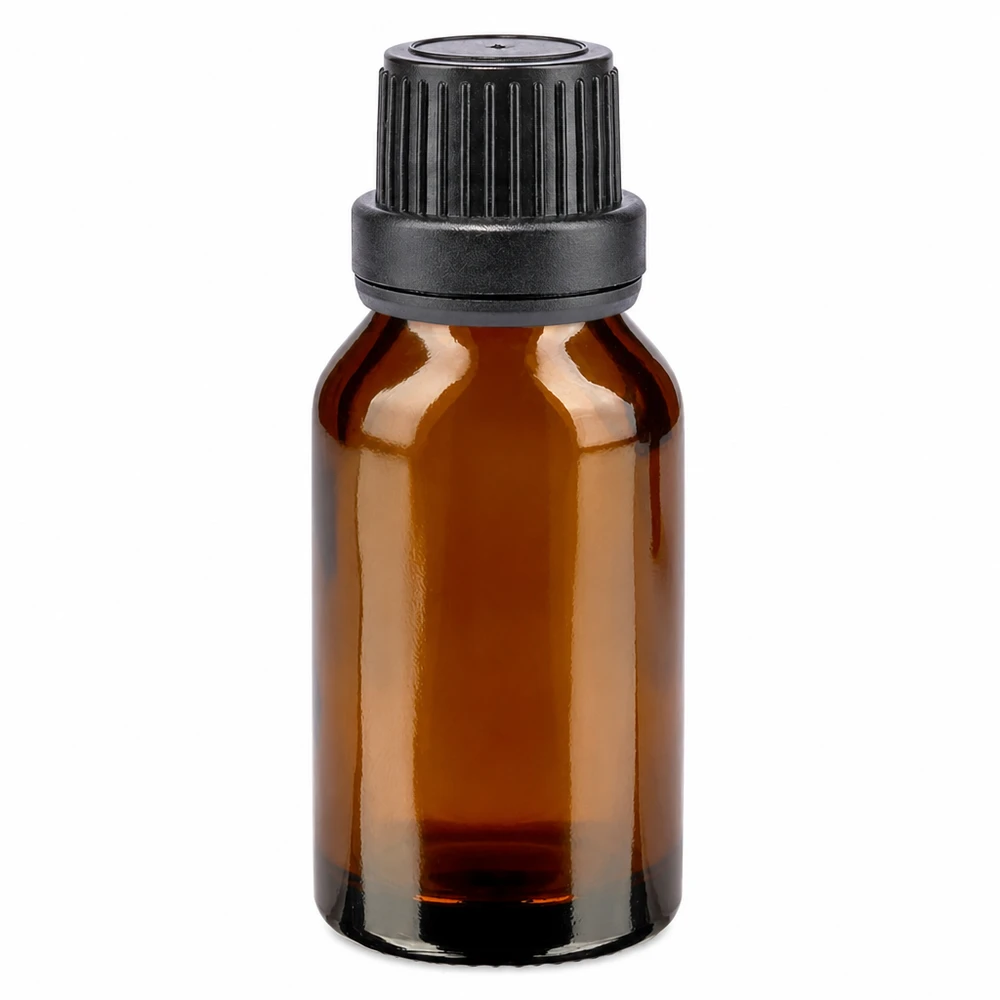 Apoteksflaske brun 30 ml skruelåg sort tæt OV 30 ml brun apotekerflaske af glas med sort skruelåg og sikkerhedslåg