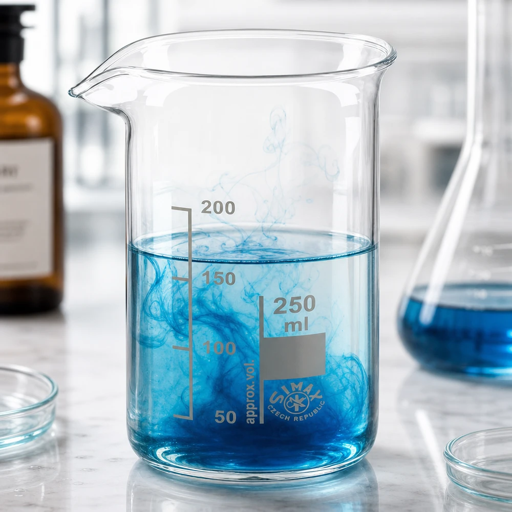 Bæger 250 ml borosilikatglas, høj form Et 250 ml bægerglas i høj udførelse med blå væske og farvestofskyer i et laboratoriemiljø