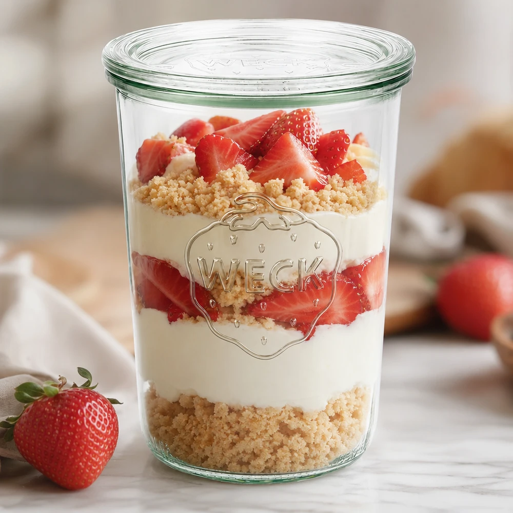 850 ml krukke med glaslåg WECK RR100 WECK Sturzglas 850ml RR100 als stylisches Dessertglas mit Erdbeeren und Creme zeigt moderne Tischpräsentation