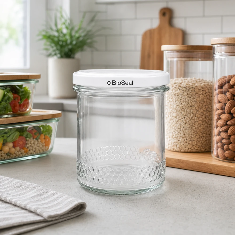 560 g honningglas med hvidt BioSeal UNiTWIST-låg Tomt 400 ml honningglas med hvidt BioSeal-låg i et moderne køkken ved siden af opbevaringskrukker til alsidig opbevaring