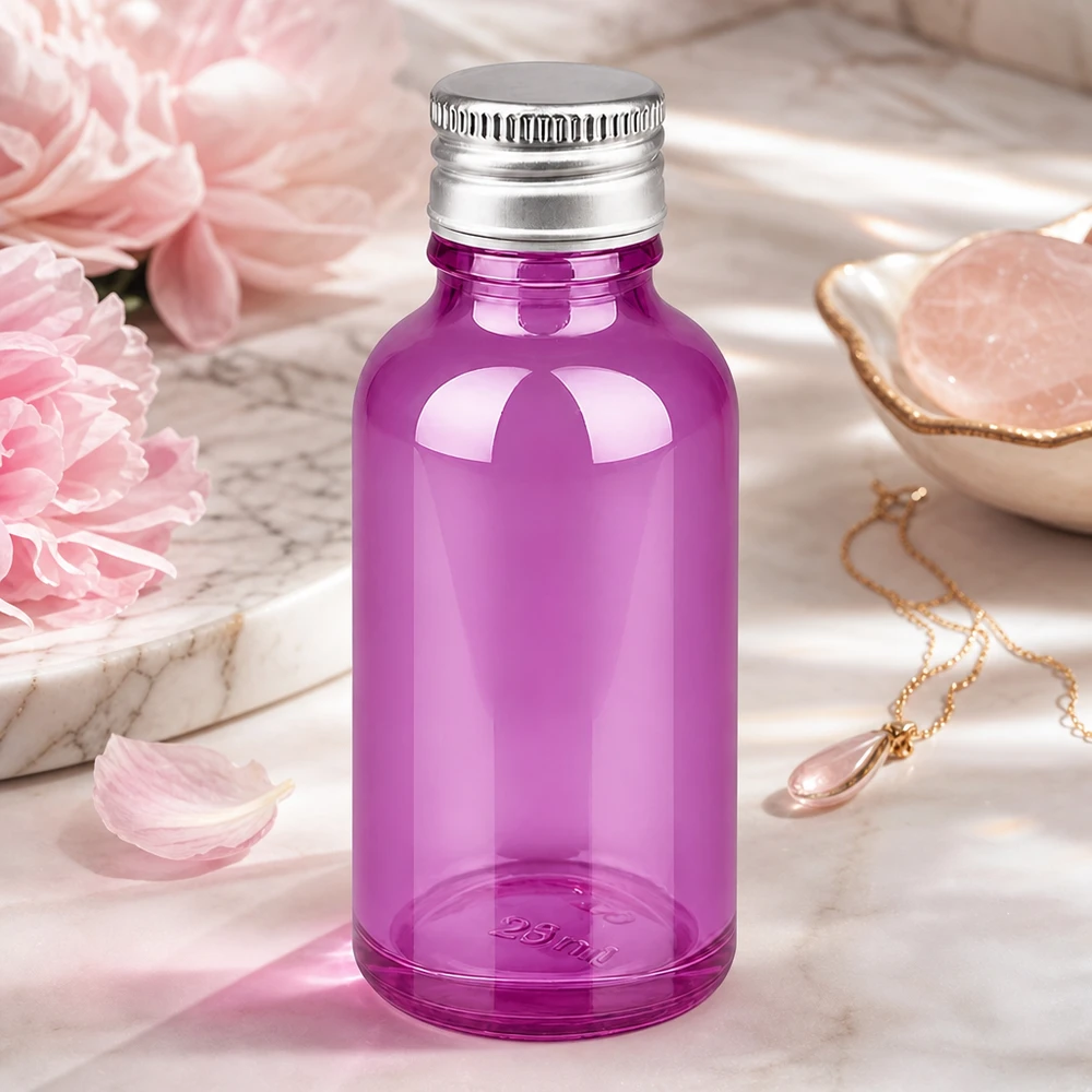 30 ml flaske 11 mm skruelåg aluminium-sølv standard PurpleLine.UT18/30 Gennemsigtig violet glasflaske 30 ml med skinnende aluminiumshætte til aromaterapi