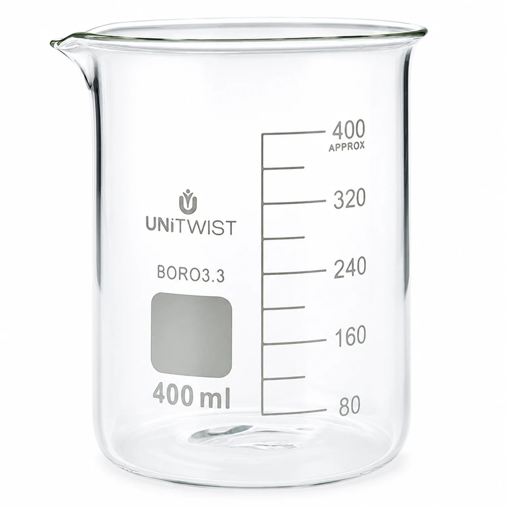 Bæger 400 ml borosilikat, lav form UNiTWIST 400 ml bægerglas af borosilikatglas i lav form fra UNiTWIST med milliliterskala