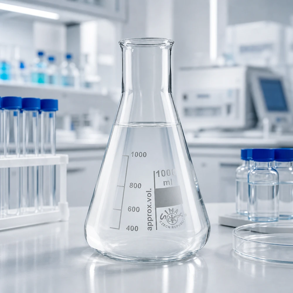 Erlenmeyer-kolbe 100 ml med bred hals Transparent Erlenmeyer-kolbe 100 ml med bred hals i professionelt laboratorieudstyr med reagensglas