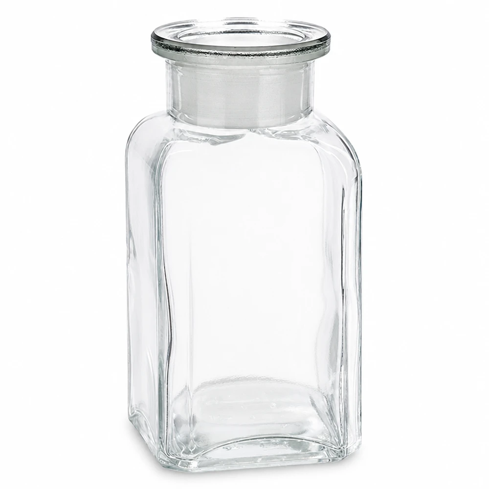 Firkantet flaske 100 ml klar glasprop med bred hals Firkantet flaske, 100 ml, klar, med glasprop og bred hals til laboratorier og apoteker