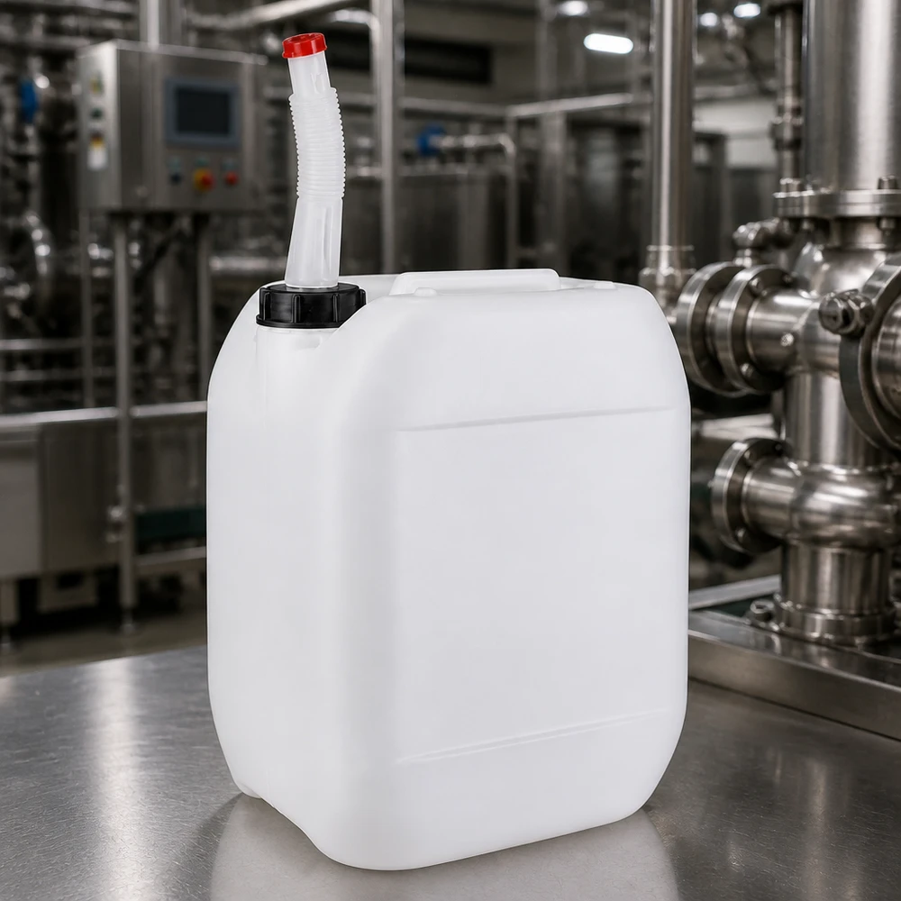 Fødevaregodkendt HDPE-kanister på 10 liter med bøjeligt udløbsrør til sikker dosering af væsker