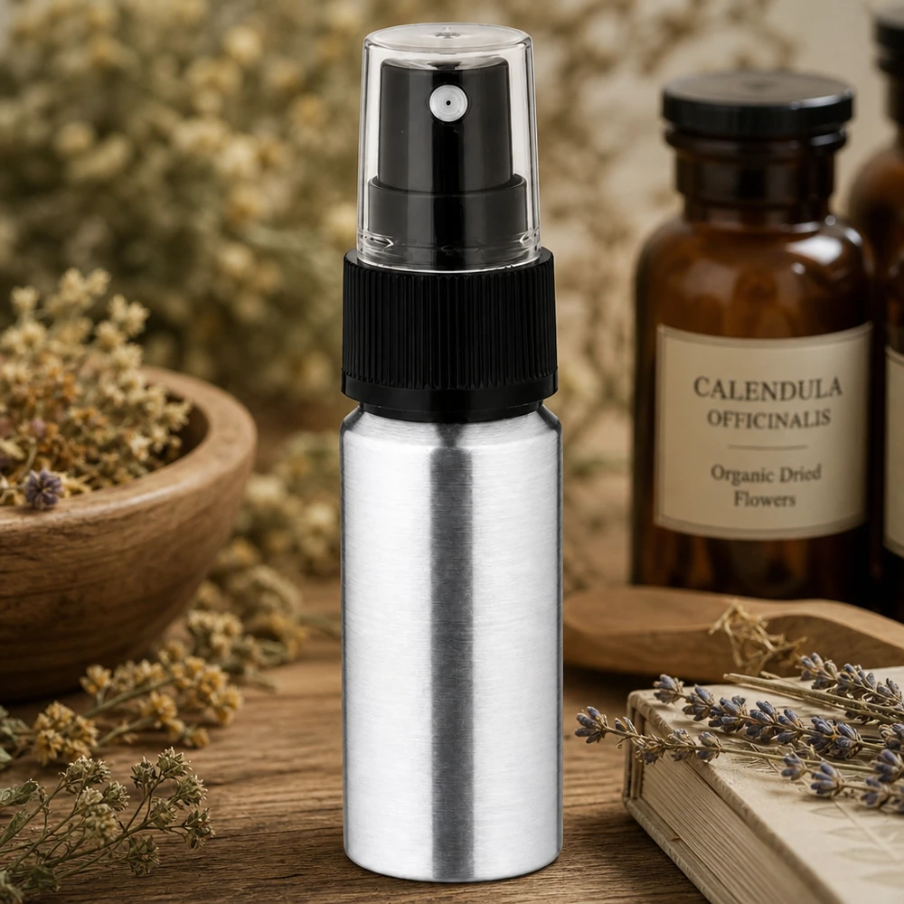20 ml flaske i poleret aluminium med forstøver 20 ml aluminiumsflaske i sølv med forstøver - robust metalsprayflaske til at have med på farten