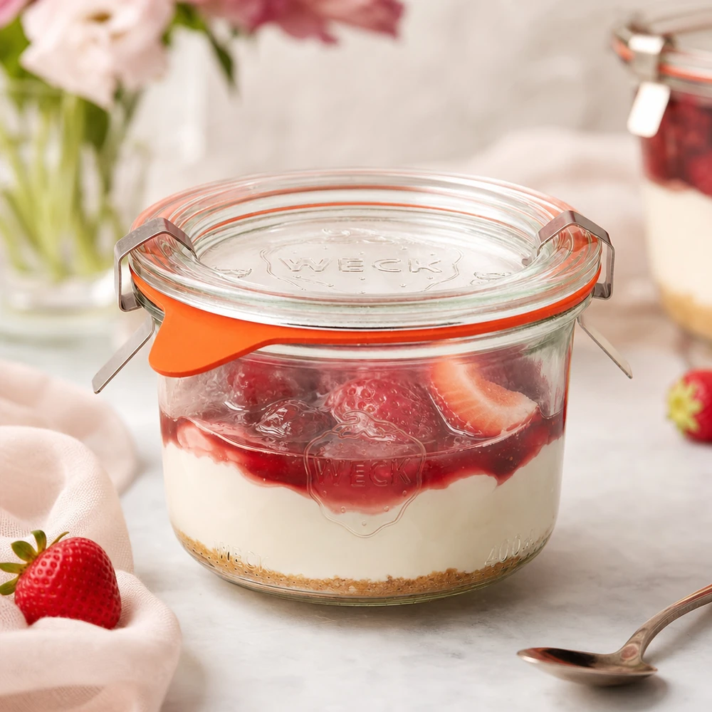 200 ml Briller komplet WECK RR80 WECK-bægre 200 ml RR80 fyldt med jordbærdessert som portionsglas til tiramisu og søde desserter