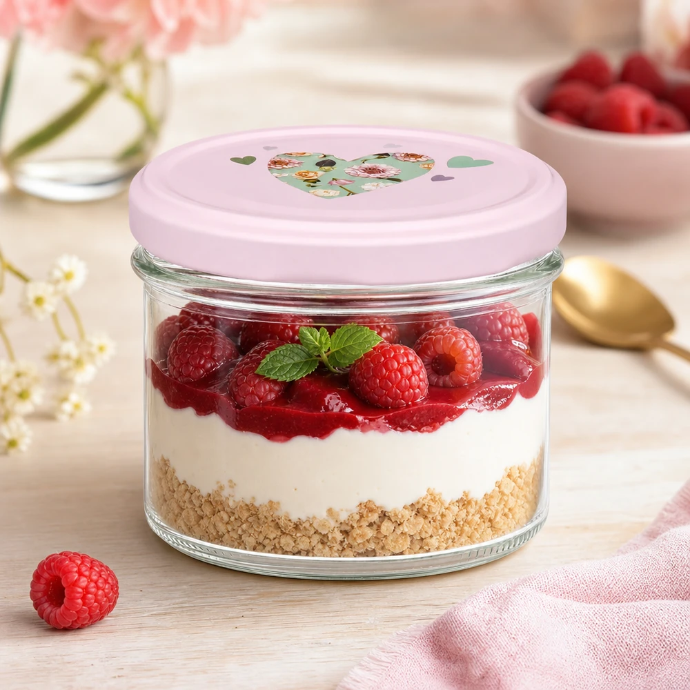 225 ml glas med skrå kant + BasicSeal låg, hjerteformet, rosa UNiTWIST Lagdelt dessert med hindbær i et 225 ml glas med et pink BasicSeal-hjertelåg som dessertglas på en træplade