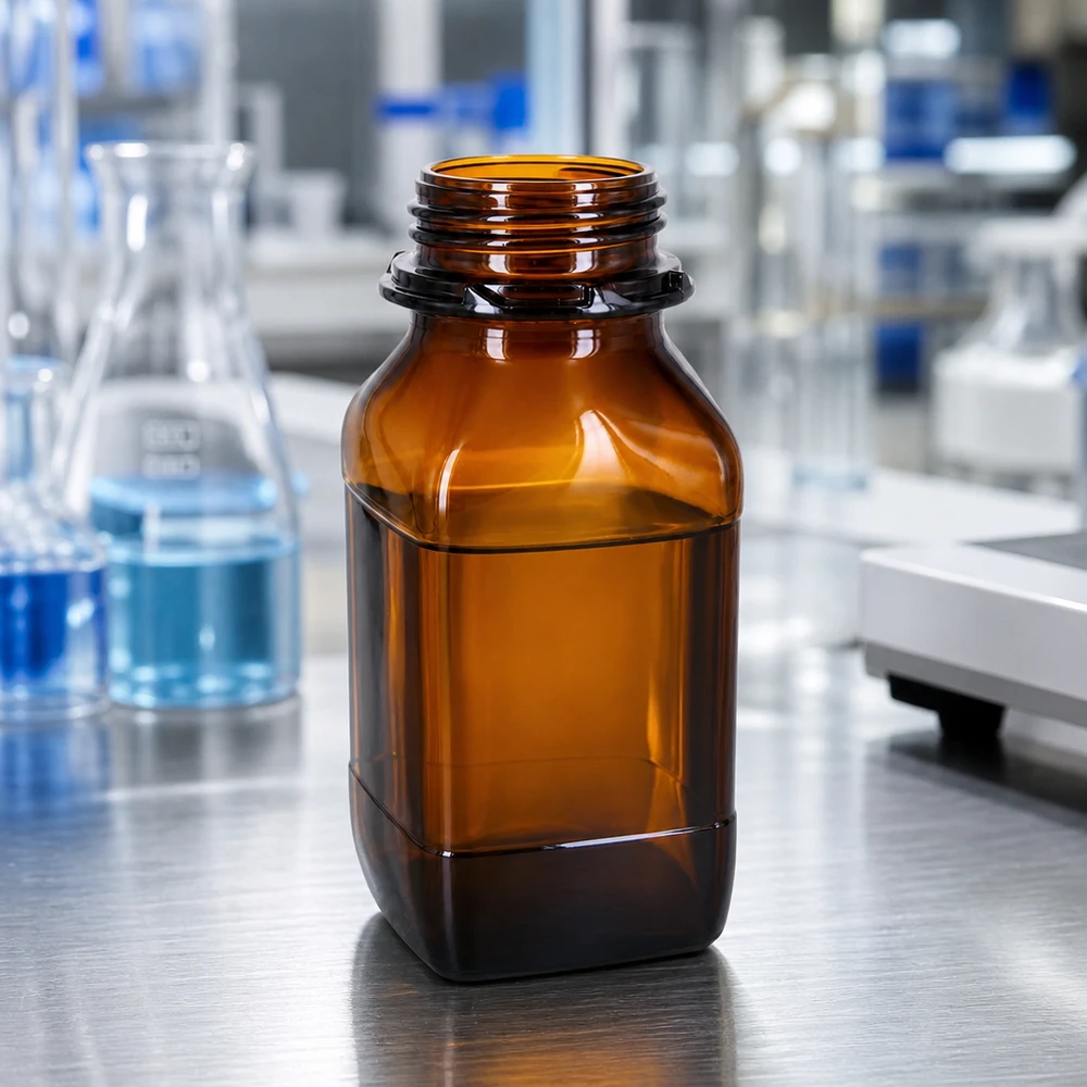 500 ml opbevaringsflaske af brunt glas – din pålidelige beskyttelse af værdifulde stoffer Rektangulær 500 ml kemikalieflaske fremstillet af ravfarvet borosilikatglas af høj kvalitet til laboratorier
