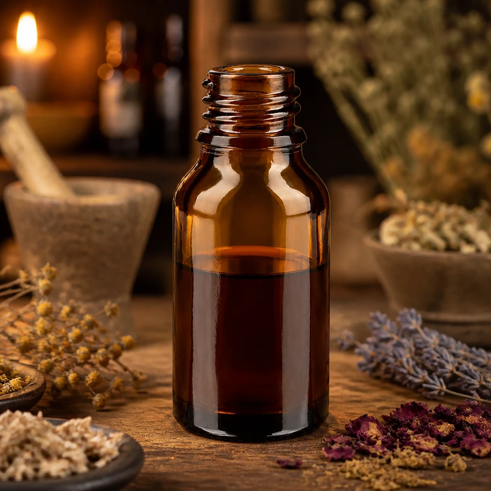 Dropperflaske 15 ml DIN 18 ravfarvet glas 15 ml brun apotekerflaske ApoGlas fyldt med mørk væske omgivet af tørrede lægeurter og morter