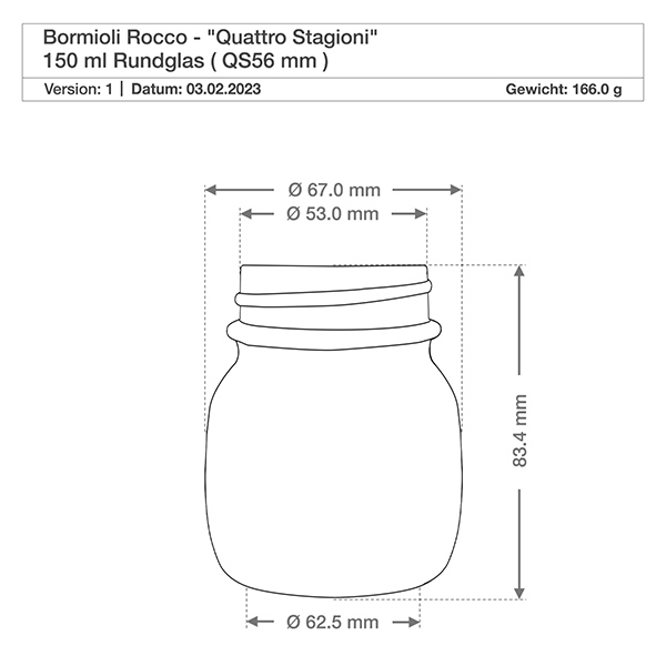 150 ml rundt glas "Quattro Stagioni" med låg 150 ml rundt glas Quattro Stagioni Bormioli Rocco teknisk tegning med mål og vægt 166 g