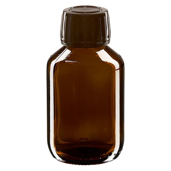 100 ml medicinflaske brun, hætte brun med manipulationssikker ring ApoGlas. Farmaceutisk kvalitet fra EU-produktion. 28 mm (PP28) gevind. (sirup, lys glasflaske) 100 ml medicinflaske brun, hætte brun med manipulationssikker ring ApoGlas. Farmaceutisk kvalitet fra EU-produktion. 28 mm (PP28) gevind. (sirup, lys glasflaske)