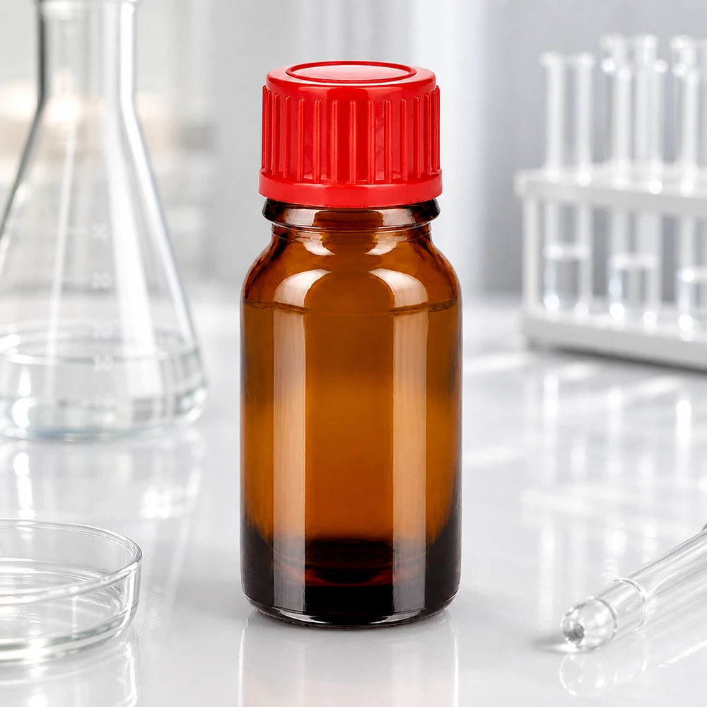 10 ml flaske 11 mm SV rød STD BrownLine UT18/10 BrownLine 10 ml laboratorieflaske af mørkt glas med rød hætte til kemiske stoffer