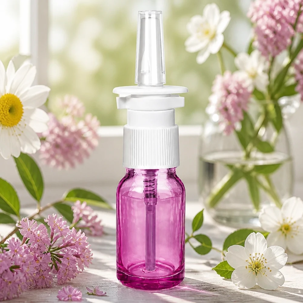 10 ml næsesprayflaske hvid/transparent standard PurpleLine. UT18/10 Næsesprayflaske 10 ml med skruegevind STD UT18/10 i lilla transparent til præcis dosering