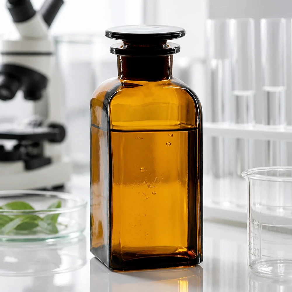Firkantet flaske 350 ml brun glasprop med bred hals Laboratorieflaske, 350 ml, brun, firkantet, med glasprop, ved siden af et mikroskop og reagensglas