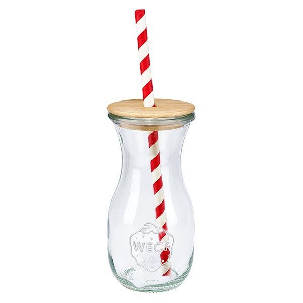 6 x WECK 290 ml juiceflaske RR60 med trælåg og 100 eco S WECK drikkeflaske 290 ml transparent med trælåg og rød- og hvidstribet sugerør i papir enkeltvis