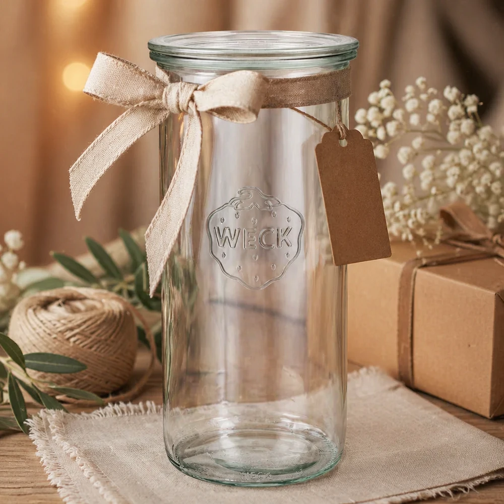 1500 ml Briller med glaslåg WECK RR100 WECK 1500 ml RR100-tumblere som gave dekoreret med et beige bånd og tag på træ med gaveæske