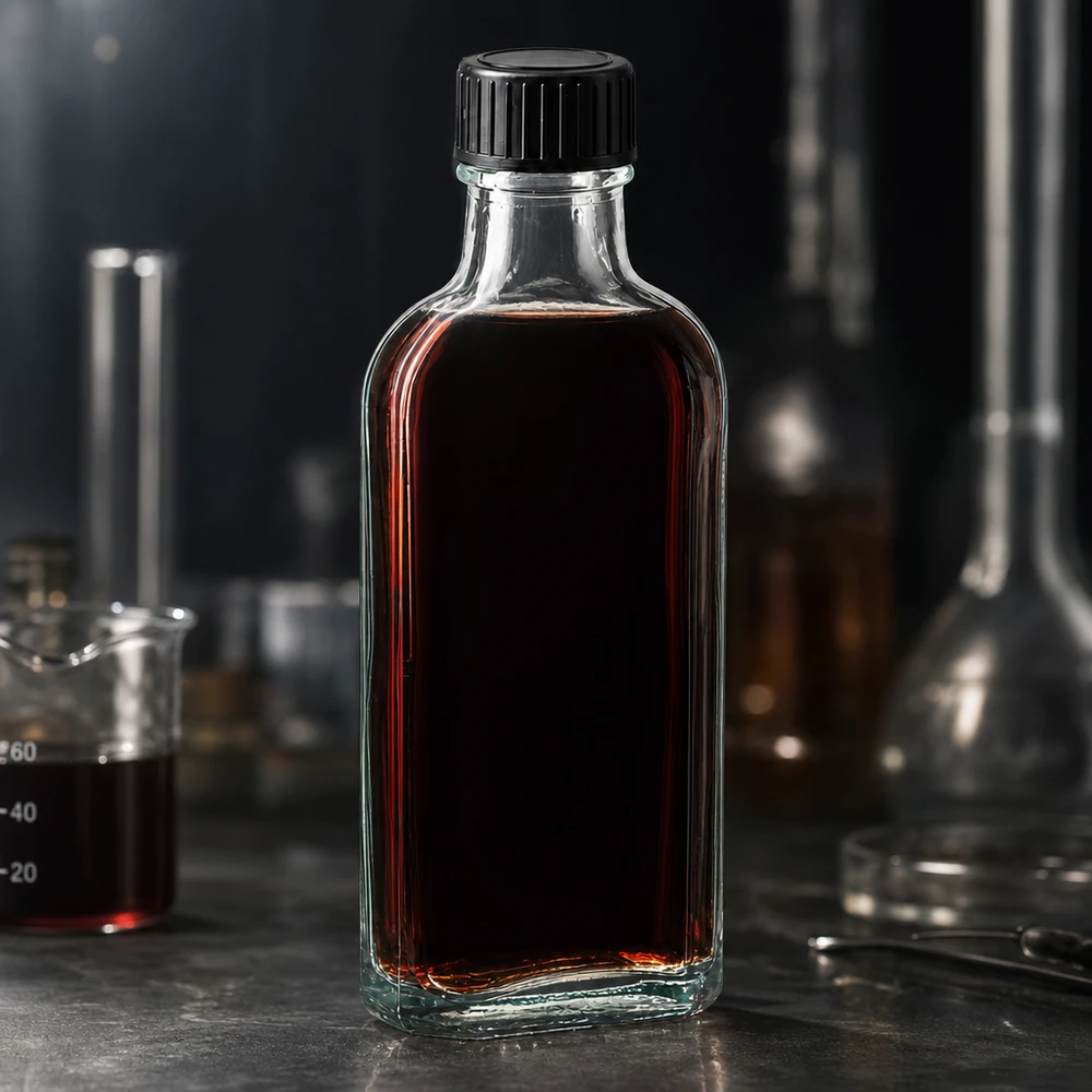 En fyldt 100 ml Meplat-glasflaske med mørkerødt indhold og sort skruelåg i laboratoriet