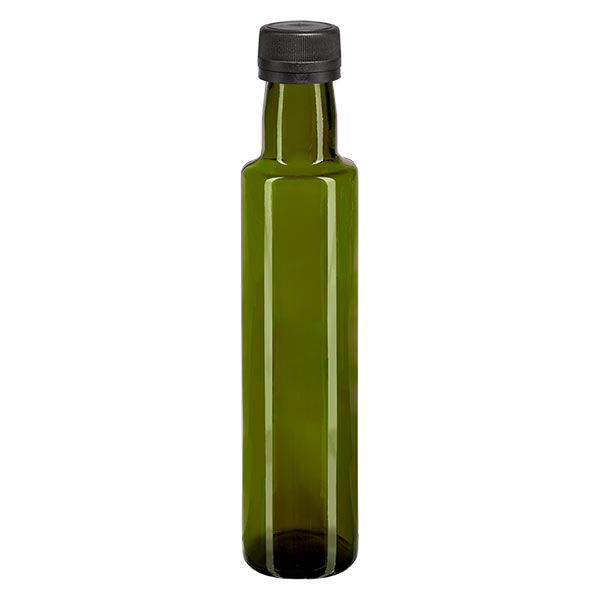 250 ml flaske med skruelåg, rund, olivengrøn med sort låg