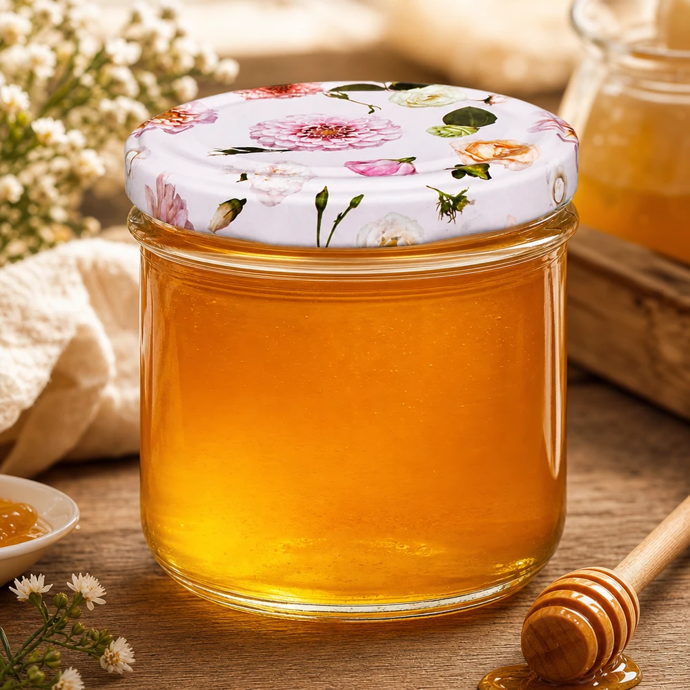 225 ml væltet glas + BasicSeal låg Blume rosa UNiTWIST Honig im 225ml Sturzglas mit Blumendeckel und Honiglöffel - Einmachglas für süße Leckereien dekorativ präsentiert