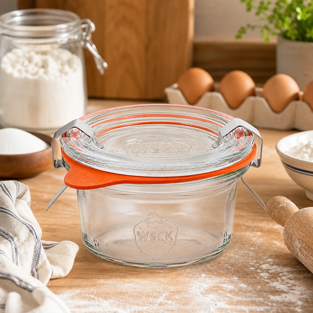 50 ml Briller komplet WECK RR60 WECK 50 ml glas RR60 på træbordplade i bagemiljø med mel, æg og bageingredienser som køkkenkulisse