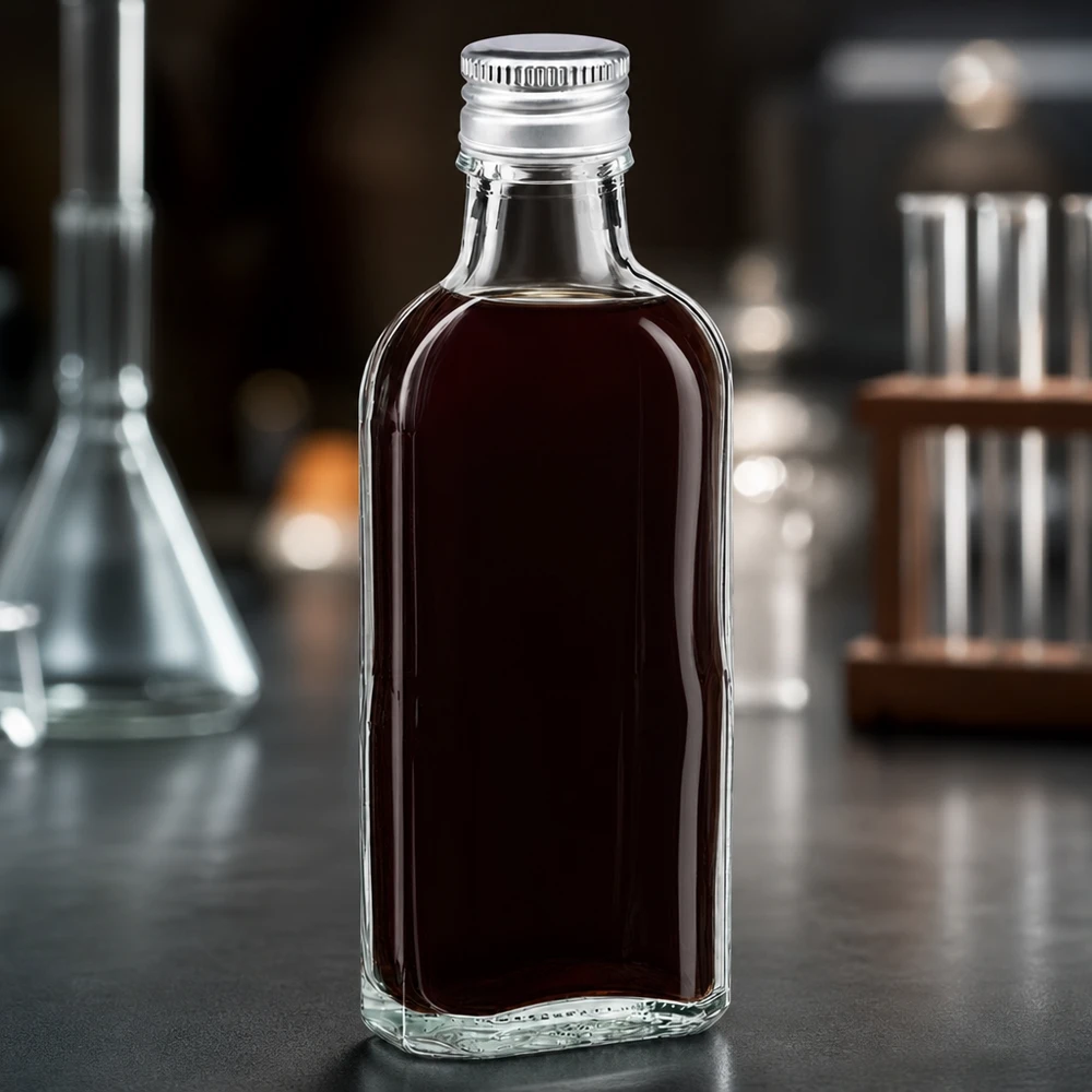 100 ml Meplat klar med aluminiumshætte sølv PP22 Lille 100 ml Meplat-flaske af klart glas med PP22-skruelåg i aluminium, sølvfarvet, til sirup