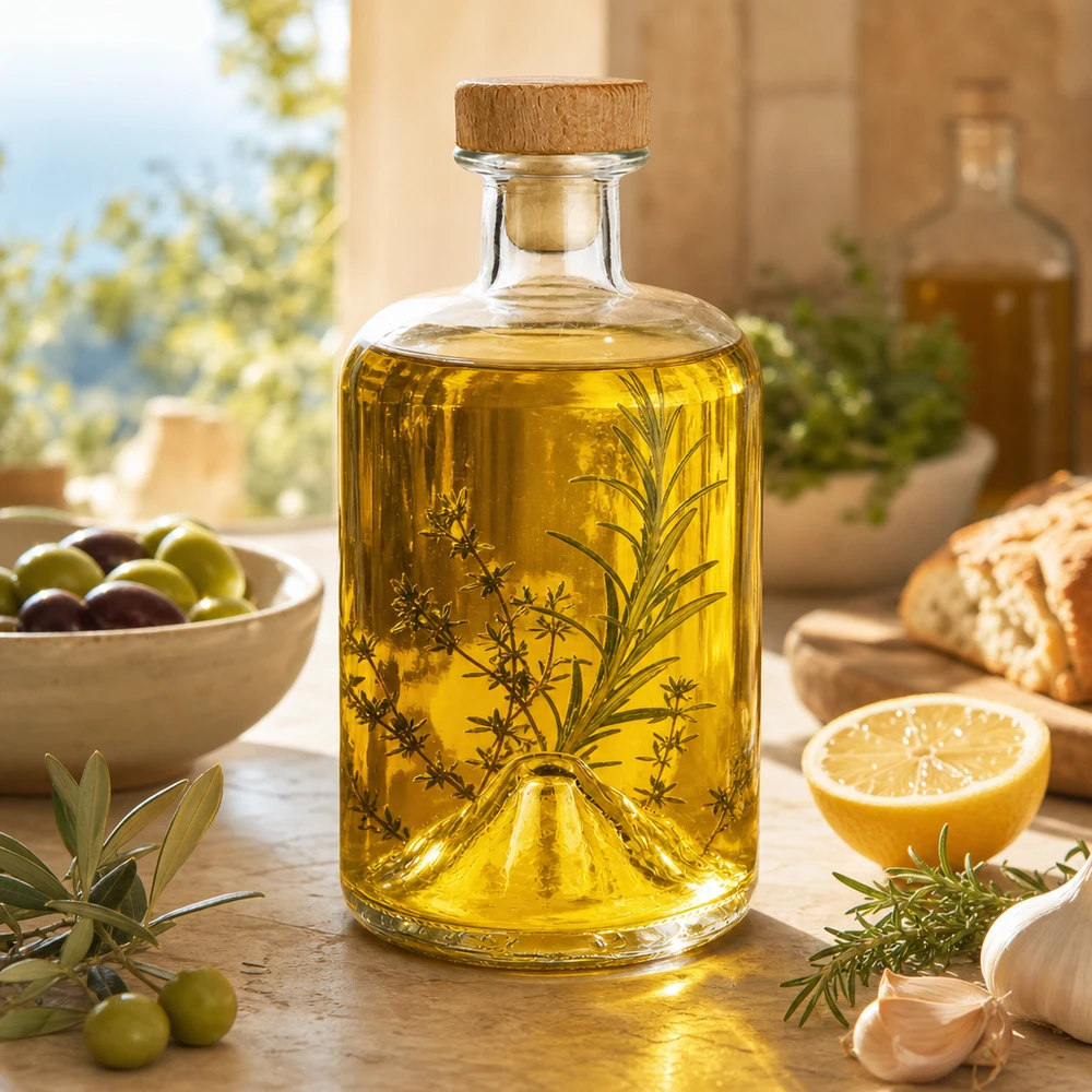 500 ml apoteksflaske »Sofia« med træhåndtag og kork UNiTWIST® 500ml Glasflasche Sofia mit Kräuteröl befüllt mediterranes Ambiente mit Oliven Brot und Zitrone Küchenszene